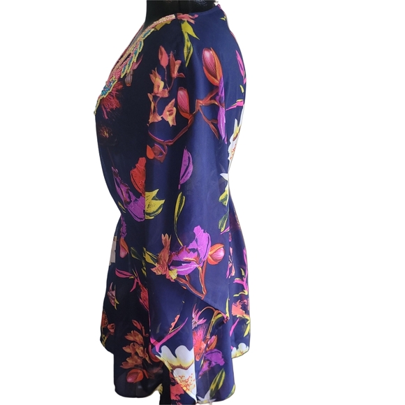 Lucky & Coco Blue Floral Print Beaded V Neck Kaftan Style Beach Cover Up - Picture 5 of 7